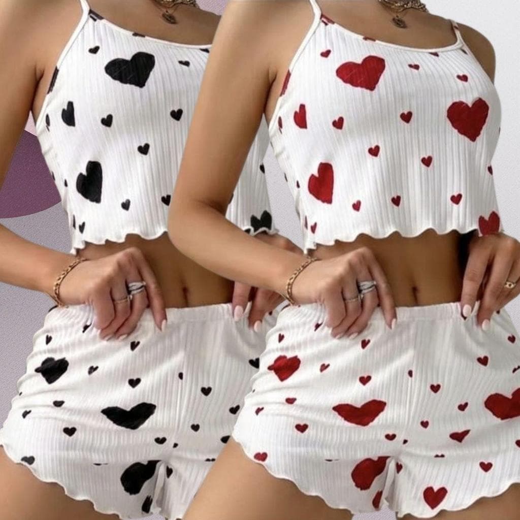 CONJUNTO 2 PEÇA PIJAMA VIRGINIA .ROUPA DE DORMIR FEMININO CROPPED CORAÇÃO  SUEDE FLUET TOQUE MACIO