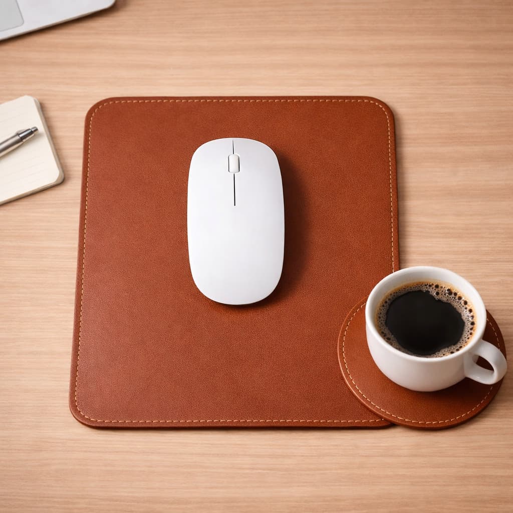 Kit Mouse Pad Couro Sintético 20x20 + Porta Copo Antiderrapante Deskpad Escritório Computador Mesa