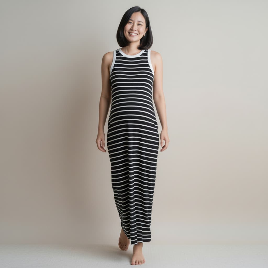 Vestido Gestante Midi Canelado Listrado Tamanho M - Novo