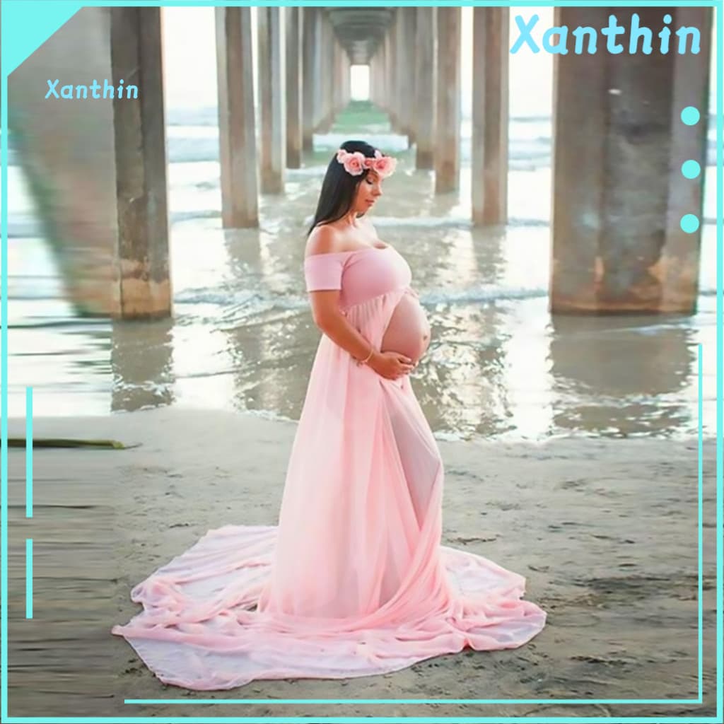 Mulheres Grávidas Vestido Cor Sólida Fenda Frontal Fora Do Ombro Até O Chão Princesa Grávida Foto Adereços