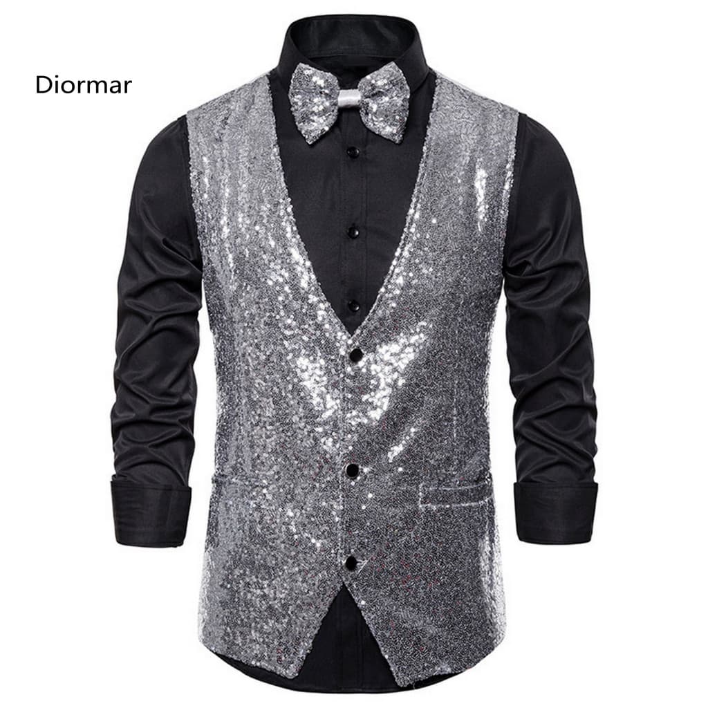 Men Formal Suit Vest Polyester Men's Sequin Bow Tie Set Slim Fit Sleeveless Waistcoat Single-breasted V-neck Stage Perfo