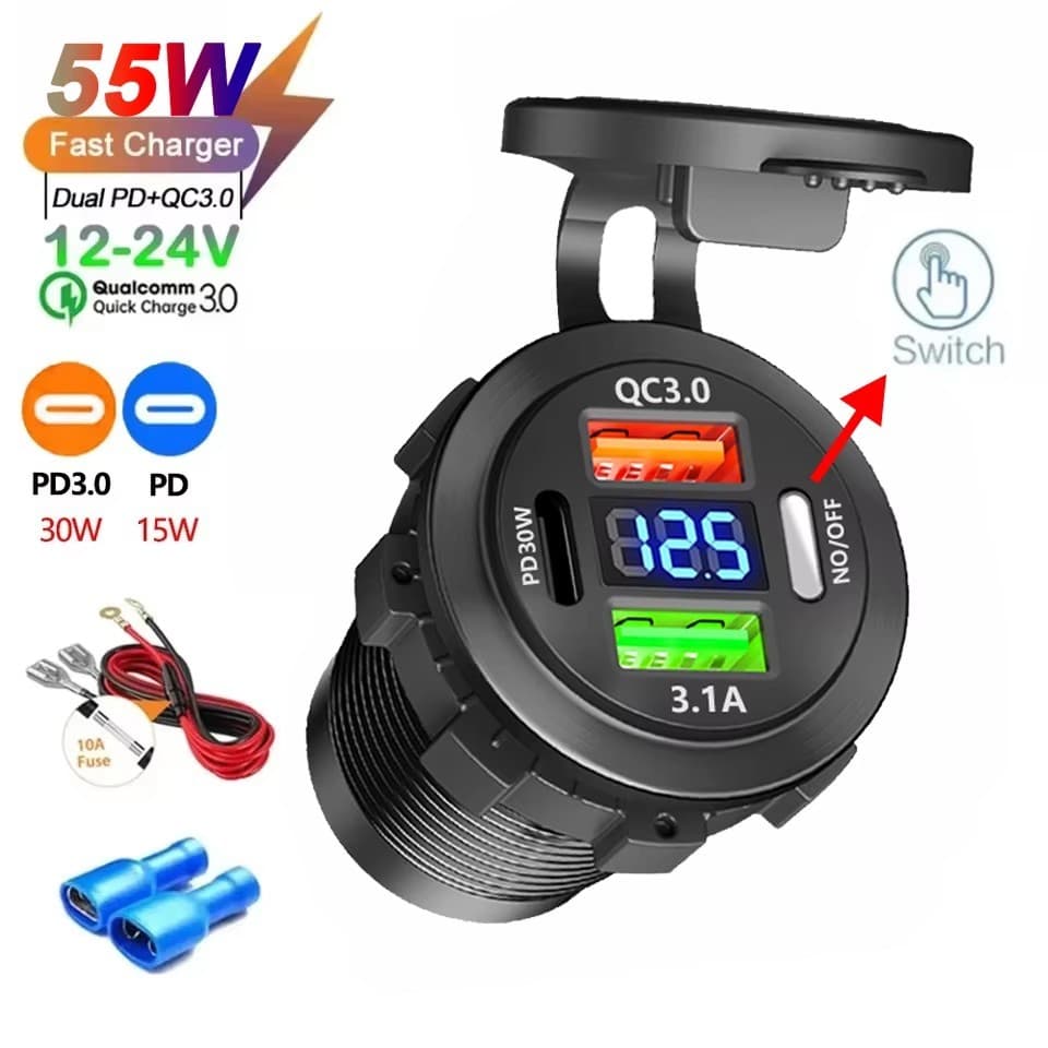 Tomada De Carregador De Carro Tipo-C E USB Duplo 3 Portas Rápido À Prova Dwaterproof Água Com Voltímetro 12V/24V Para Ad