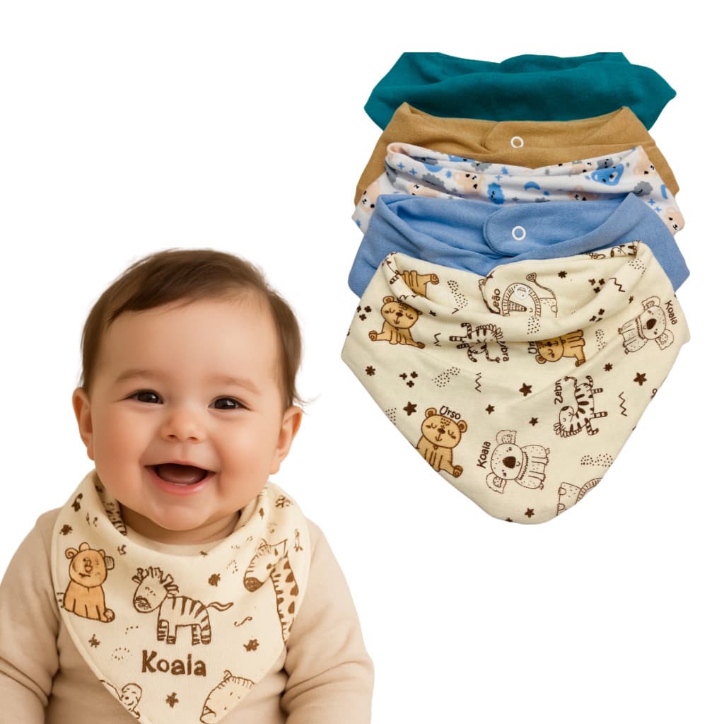 Babador Bandana 5 Peças Estampado e Misto Bebê Tecido Duplo  Algodão Enxoval