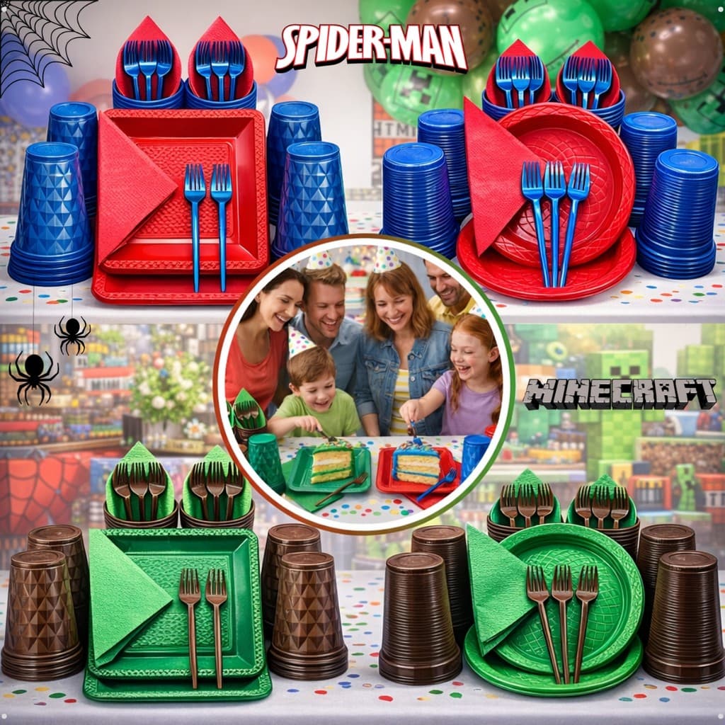 Kit Aníversario Festa Descartavel 200 e 180 Itens Homem Aranha Minecraft Criança Personagens Descartáveis Infantil