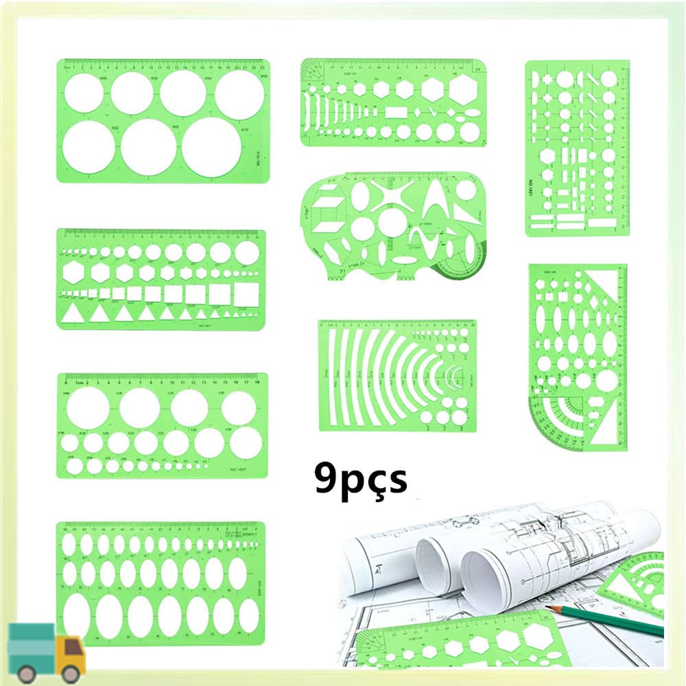 Conjunto 9 Peças Régua Arquitetônica Oval Ferramentas de Desenho Técnico