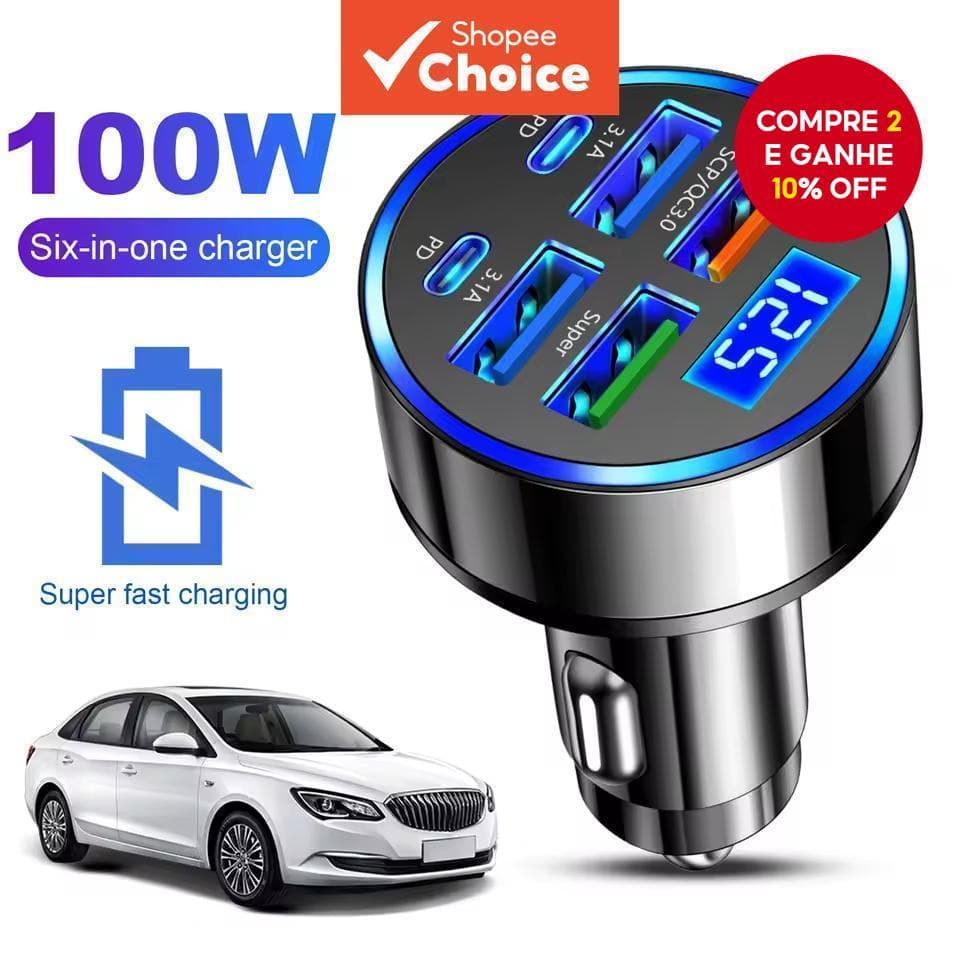  Carregador de Carro 100W 4USB PD Tipo C de Carregamento Rápido com Detecção Automática de Voltagem Multi-porta para