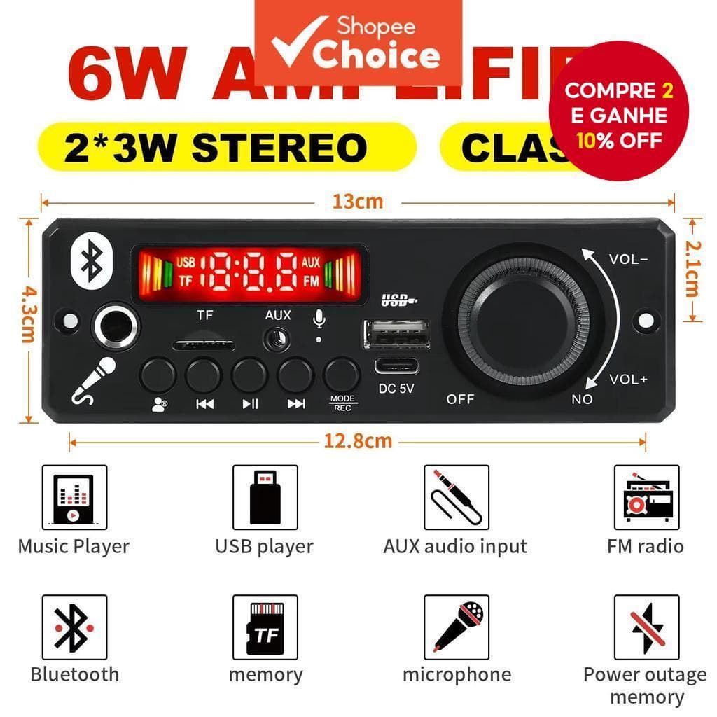 Placa Decodificadora Bluetooth MP3 DC 5V Reprodutor De Áudio Para Carro Sem Fio FM Mic 160W