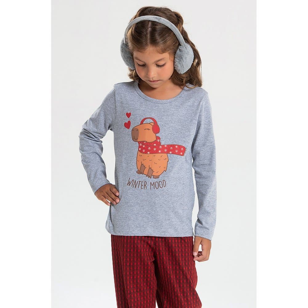 Pijama Infantil Menina Família Capivara Xadrez