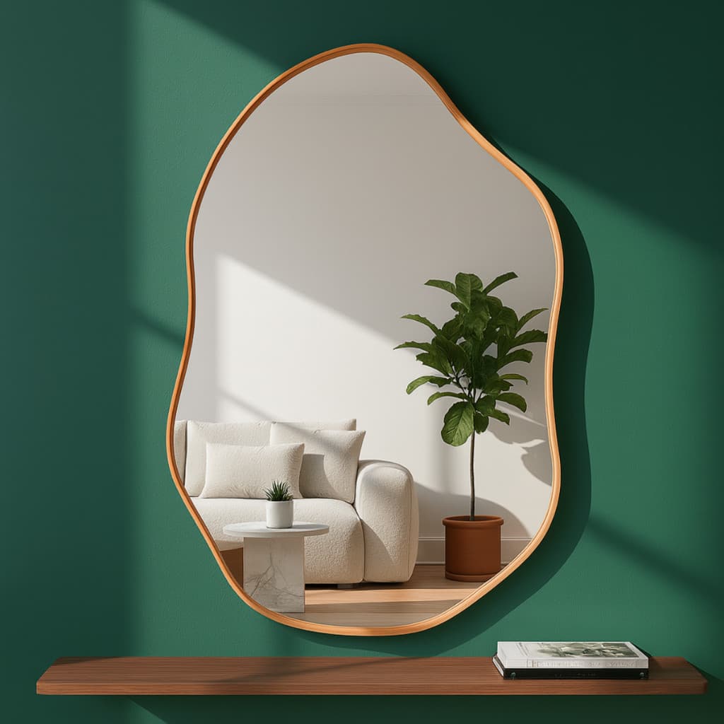 Espelho Orgânico 60x40 Couro Caramelo + Suporte Metálico decoração Sala Penteadeira Quarto Banheiro