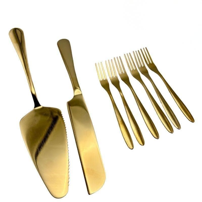 Jogo de Talheres Dourados para Bolo e Sobremesa, 8 Peças, Aço Inox, Acabamento Luxo Espelhado