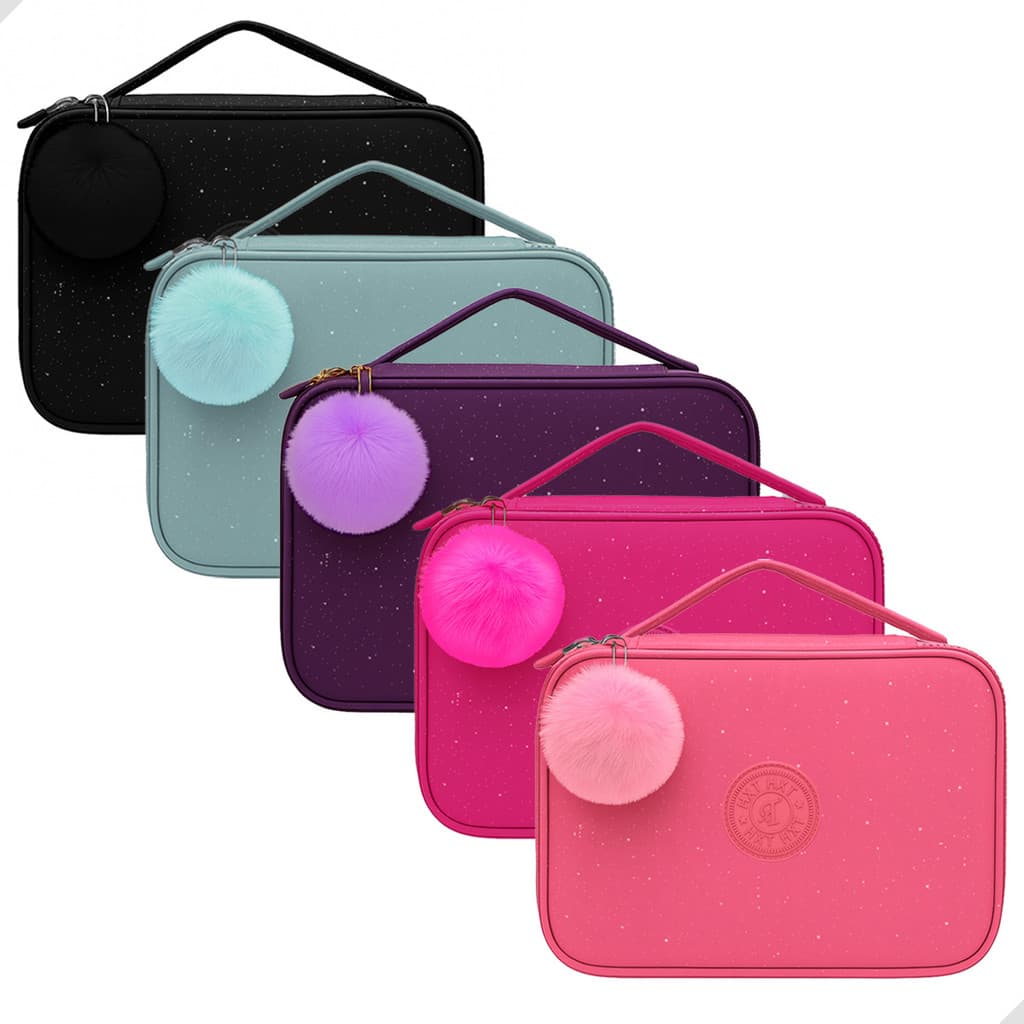 Estojo Grande com Glitter e Alça e Divisória Suporte de Elástico para Lápis Escolar e Pompom