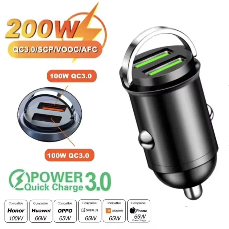 Carregador de carro USB duplo de 200W com anel de puxar, adaptador de carregamento rápido para celular, carregador de ca
