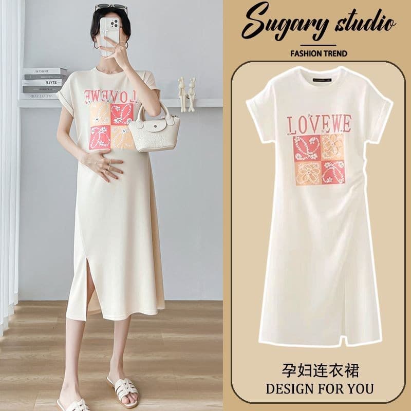 Roupa de maternidade com fenda de manga curta moda céu solto vestido fino 2024 estilo saia pequena