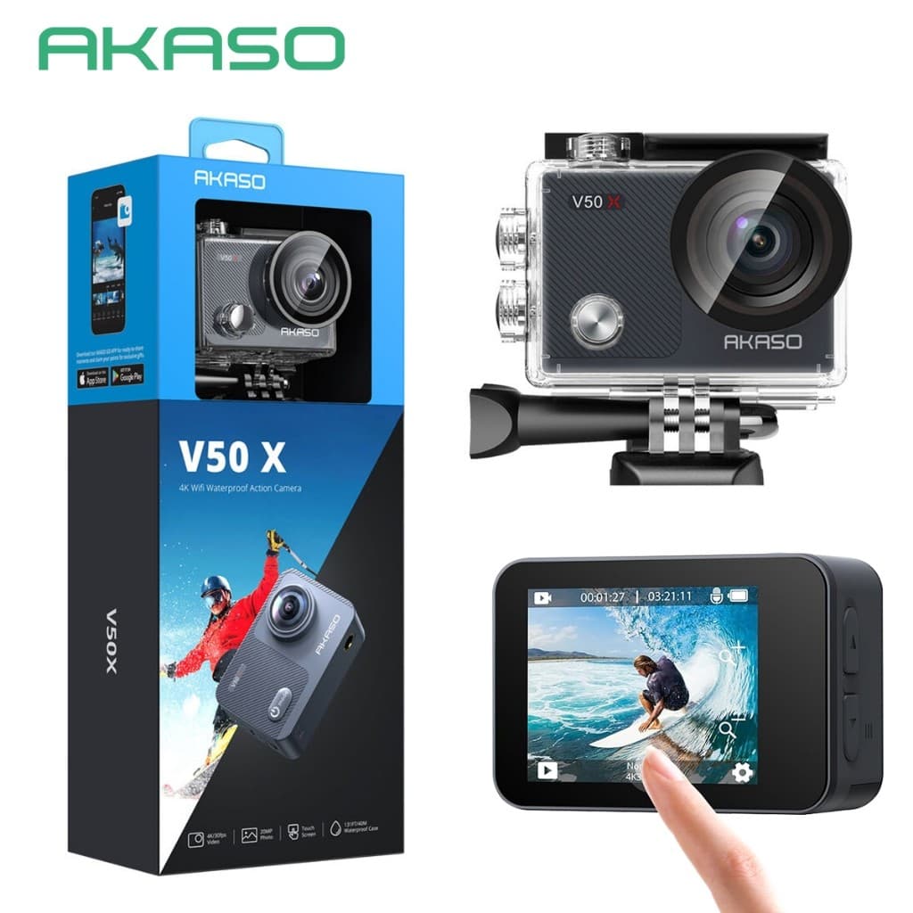Câmera de Ação AKASO V50X 4K 30fps, Tela Tátil, EIS, Zoom 4X, À Prova d'Água 40m, Wi-Fi,  Controle Remoto