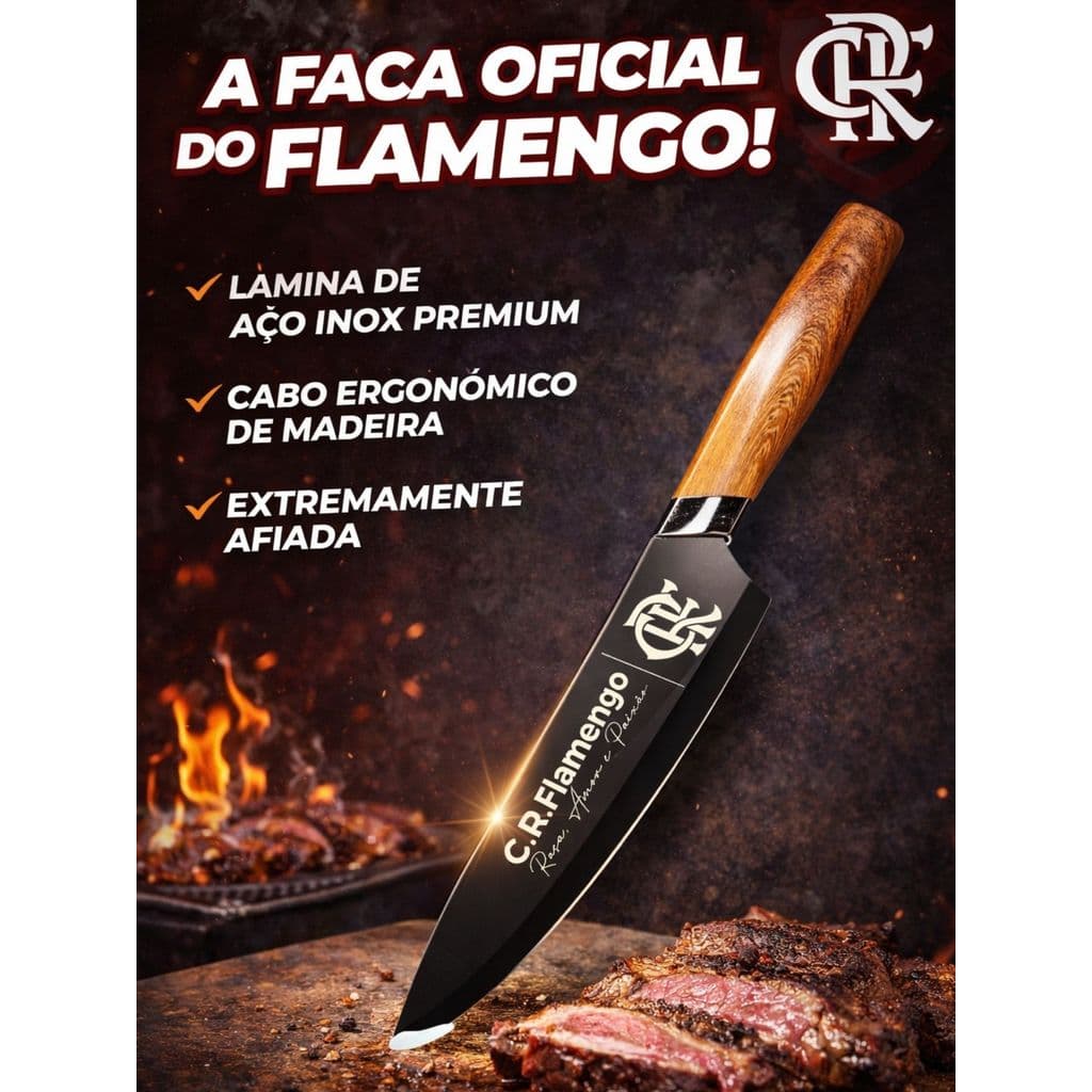 Faca Churrasco Oficial Time Flamengo Cozinha Caixa Presente Aço Inox Premium