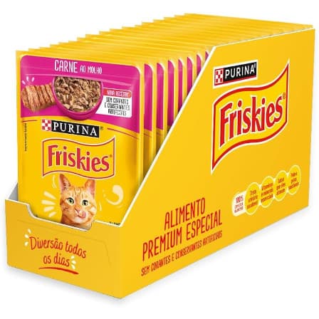 Caixa de sachê Friskies para gatos adultos sabor carne ao molho 85g. com 15 unidades