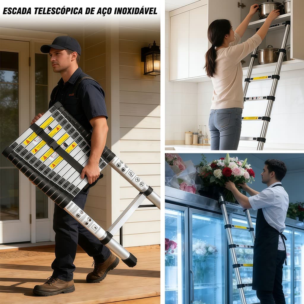 Escada Telescópica De Aço Inoxidável Multifuncional 2,6m–5,1m Extensível Portátil Antiderrapante