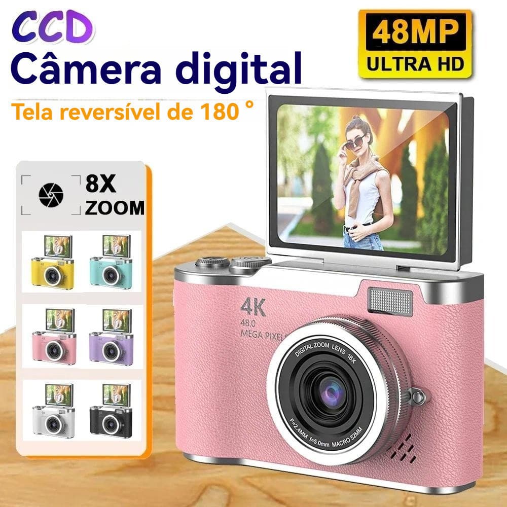 Câmera digital com zoom 4K CCD 8X para estudante fotografia compacta de 48MP 180 ° selfie tela flip