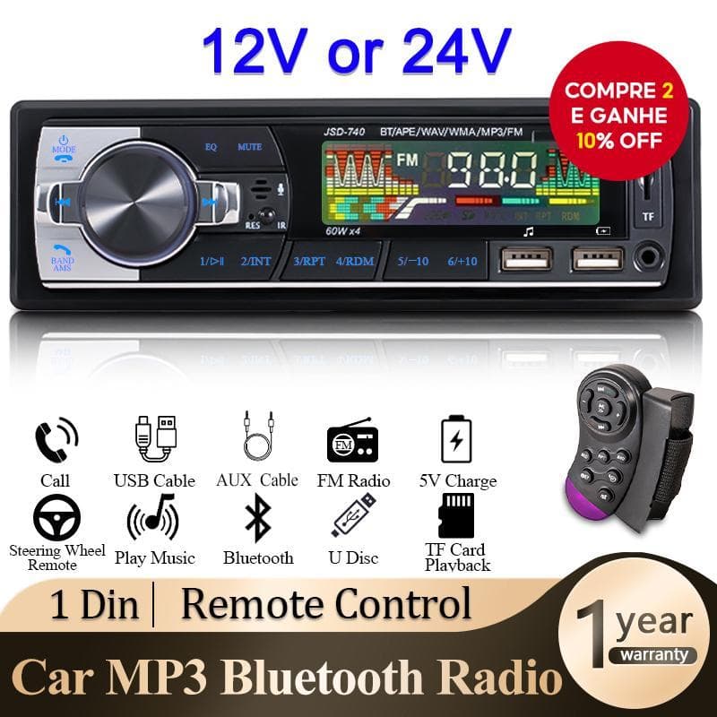  1 peça Rádio de carro estéreo 1 din sem fio MP3 Player 60W Receptor FM com controle remoto AUX/USB/Cartão TF Kit