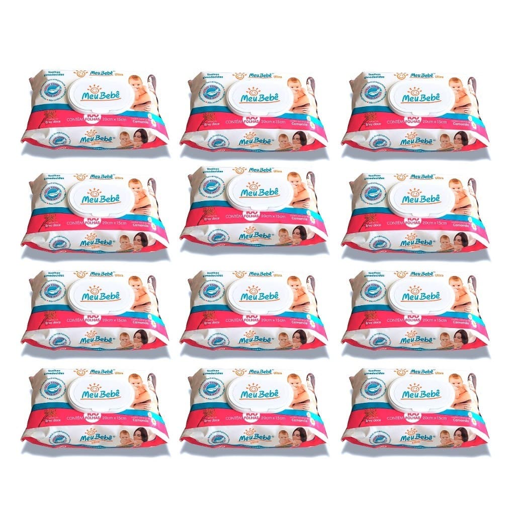 Kit Lenço/Toalha umedecida Meu Bebê Ultra c/ 1200 unid. - 12 pacotes c/ 100 unid.