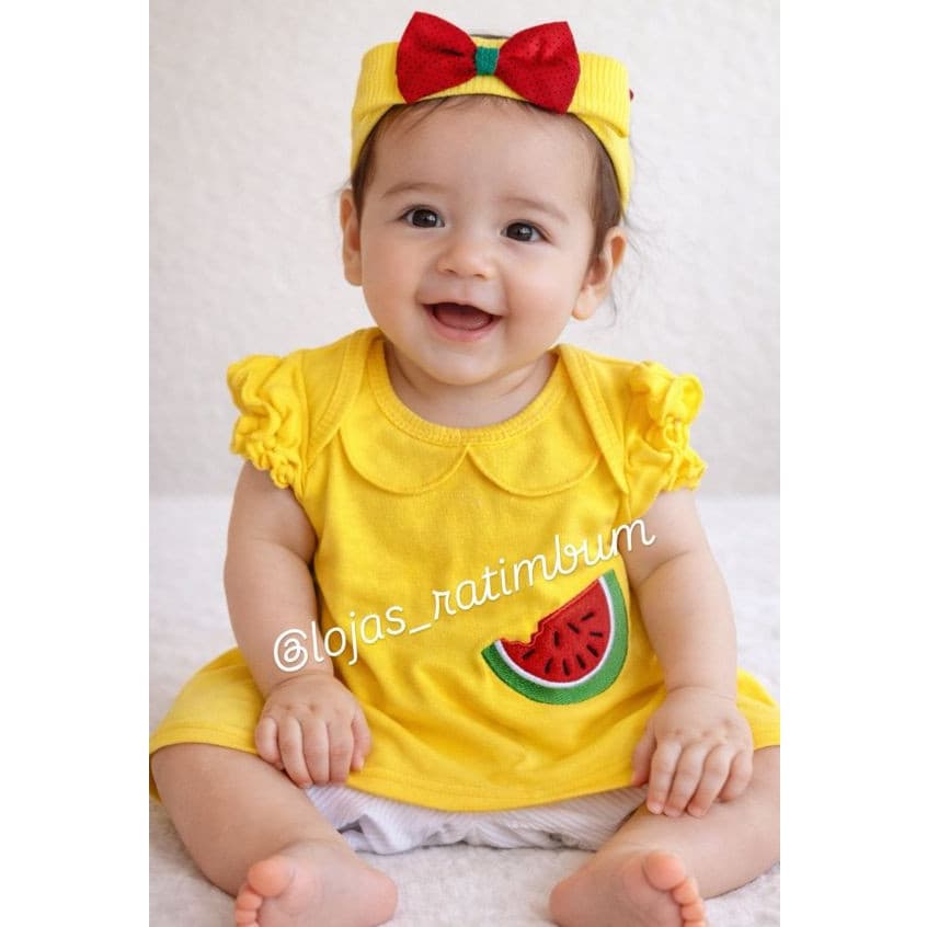 Fantasia Magali Infantil Bebê com Bordado Festa Mesversário 3pçs Bata, bermudinha e tiara