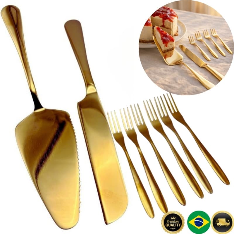 Jogo Talheres Dourados Para Bolo e Sobremesa – 8 Peças Luxo Inox