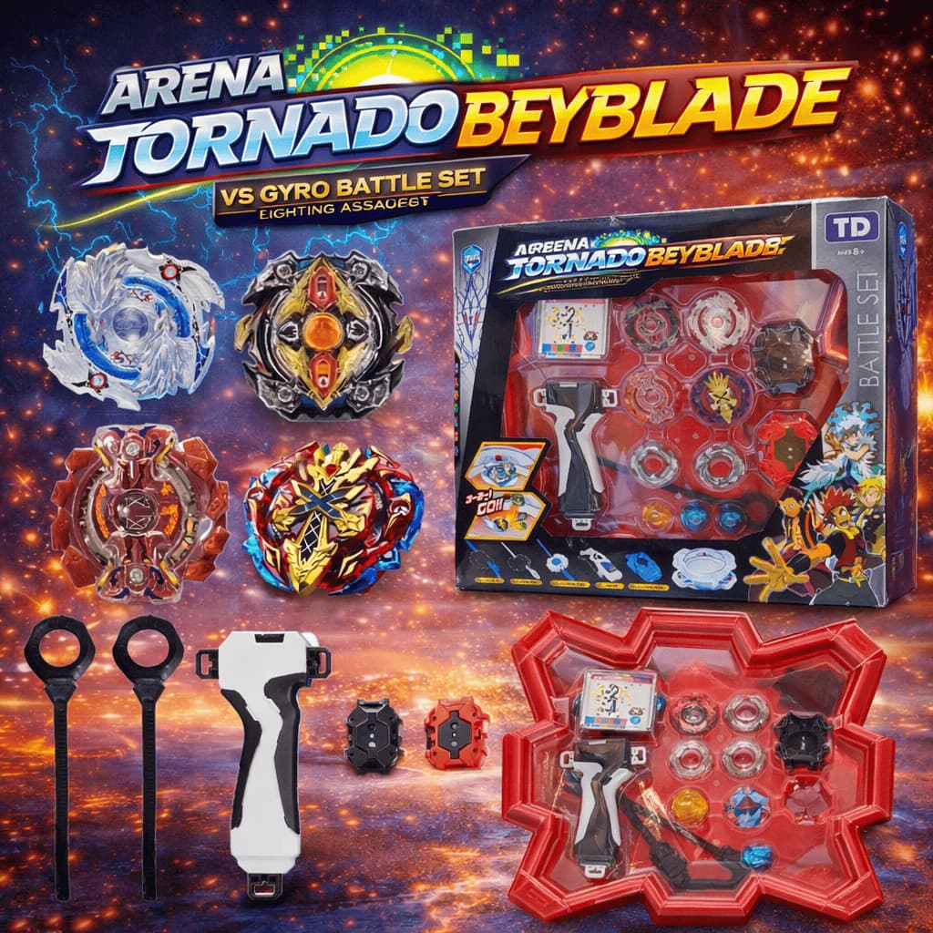 Kit Beyblade Tornado 4 In 2 + 2 Lançadores + Arena Grande Pião Brinquedo Divertido Interativo