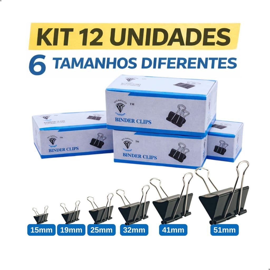 Kit 12 Unidades Clips Borboleta Prendedor De Papel Binder 15/19/25/32/41/51mm Preto