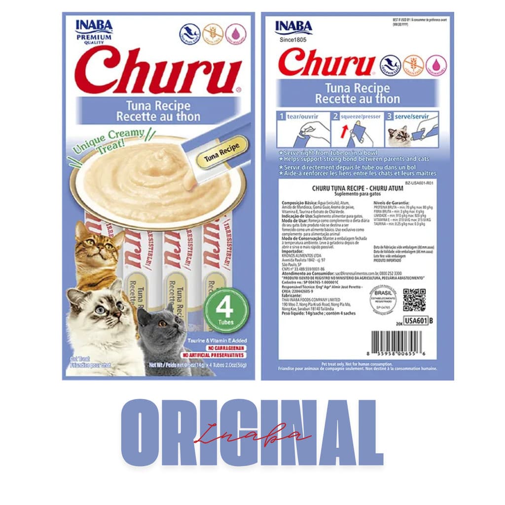 Petisco Churu para Gatos Purê Atum Original Inaba Sache Pacote com 4 Un