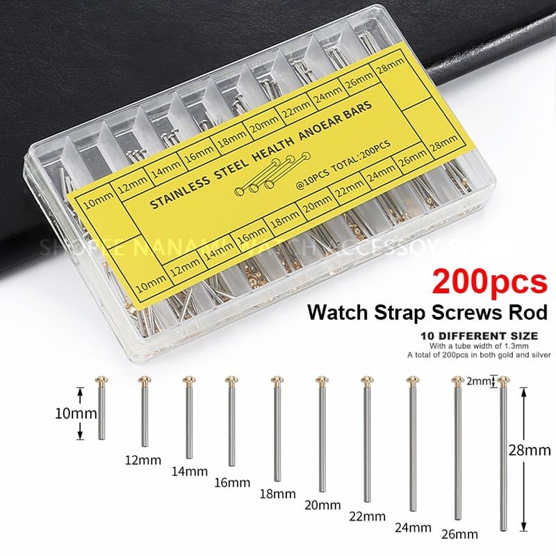 200 Unidades/Caixa Parafusos De Pulseira De Relógio Haste Pino De Ligação Aço Inoxidável Ouro Prata 10-28MM 10 Tamanhos 