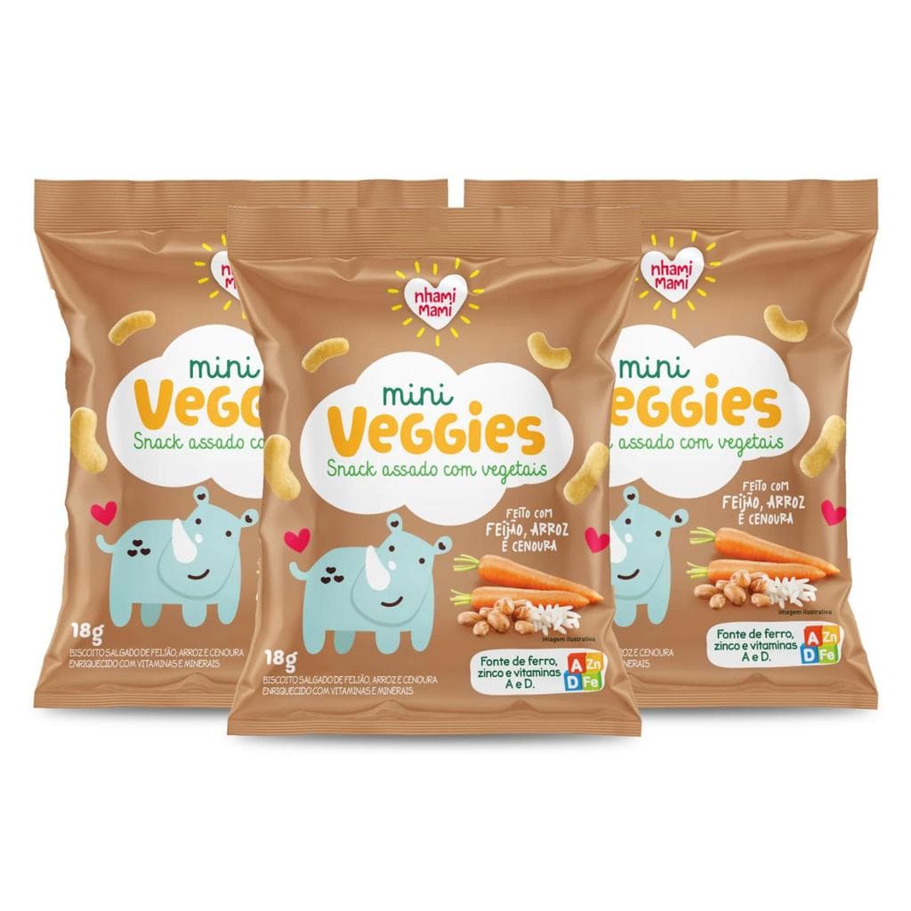 Kit Snack Infantil Sem Glúten Feijão Arroz e Cenoura - Mini Veggies Nhami Mami 3 Unidades 18g