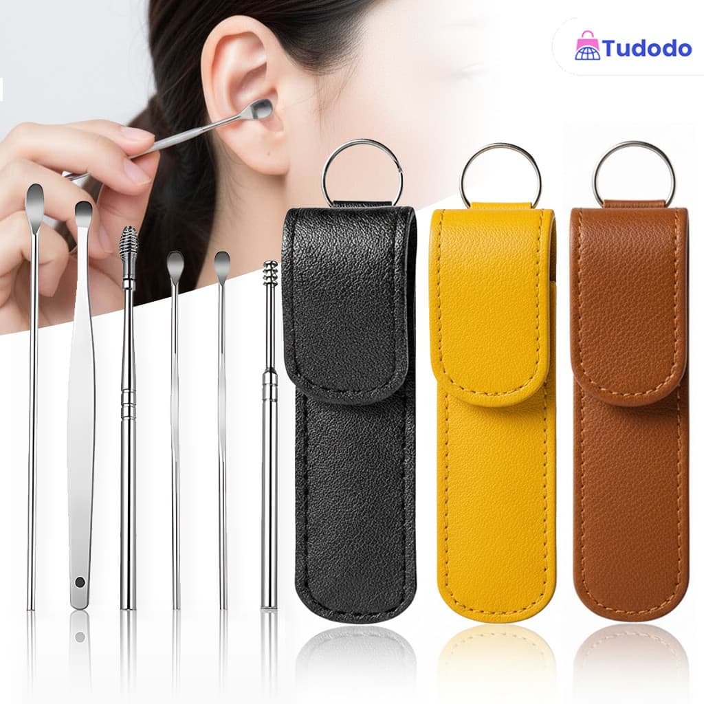 Kit limpador de ouvido portátil com 6 peças em aço inoxidável, ideal para remover cera