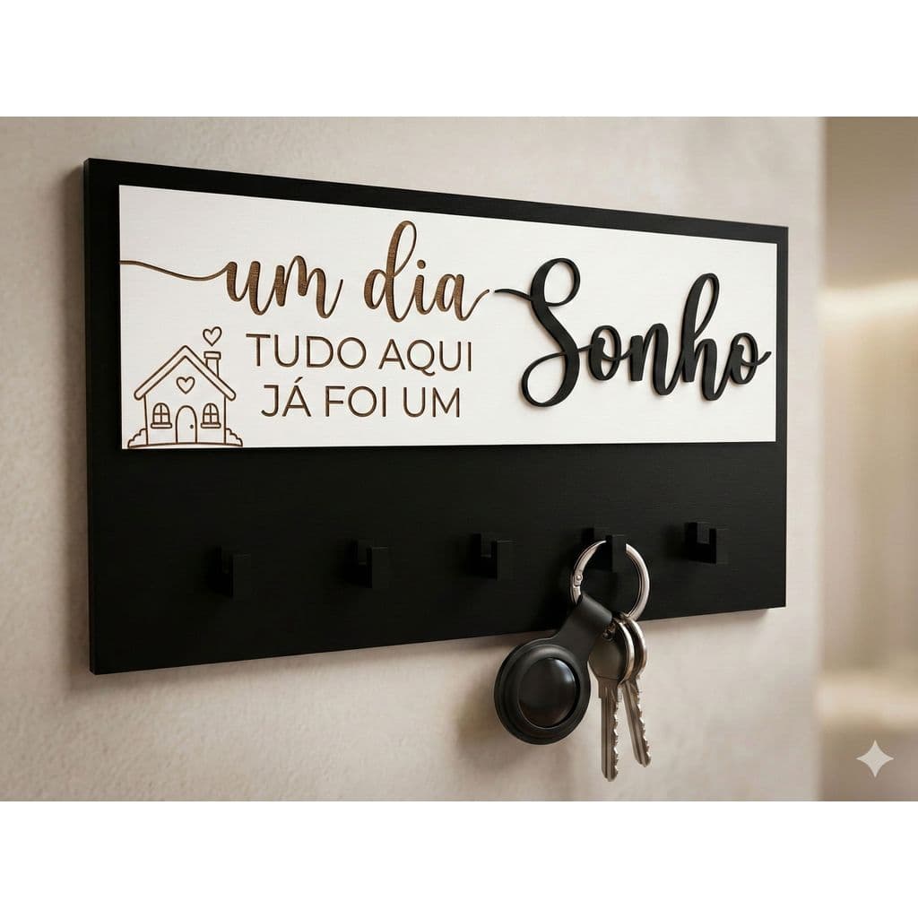 Porta Chaves de Parede Decorativo MDF Organizador 5 Ganchos