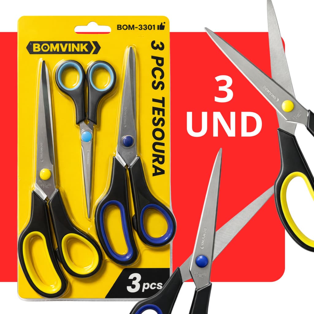 Kit 3 Tesouras Aço Inox | Costura Cozinha Escritório | Tamanhos 5½ 7½ 8½ pol