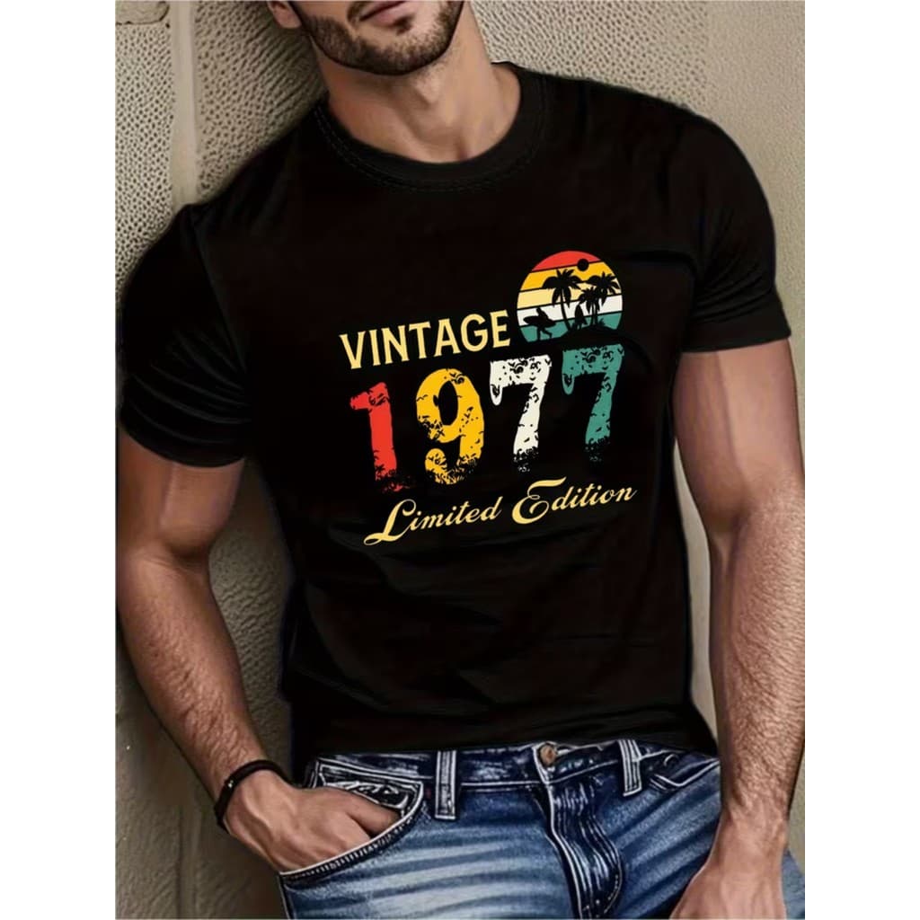 T-shirt Vintage Masculina Edição Limitada 1977 Camiseta Gráfica Retro Anos 70 com Pôr do Sol Tropical, Camisa de Algodão