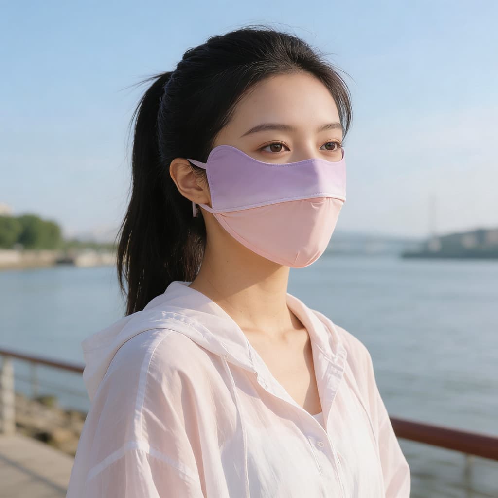 [Atacado De 5 Peças] Máscara Facial Feminina Com Protetor Solar De Verão Em Seda Gelada | Proteção UV UPF , Respirável E