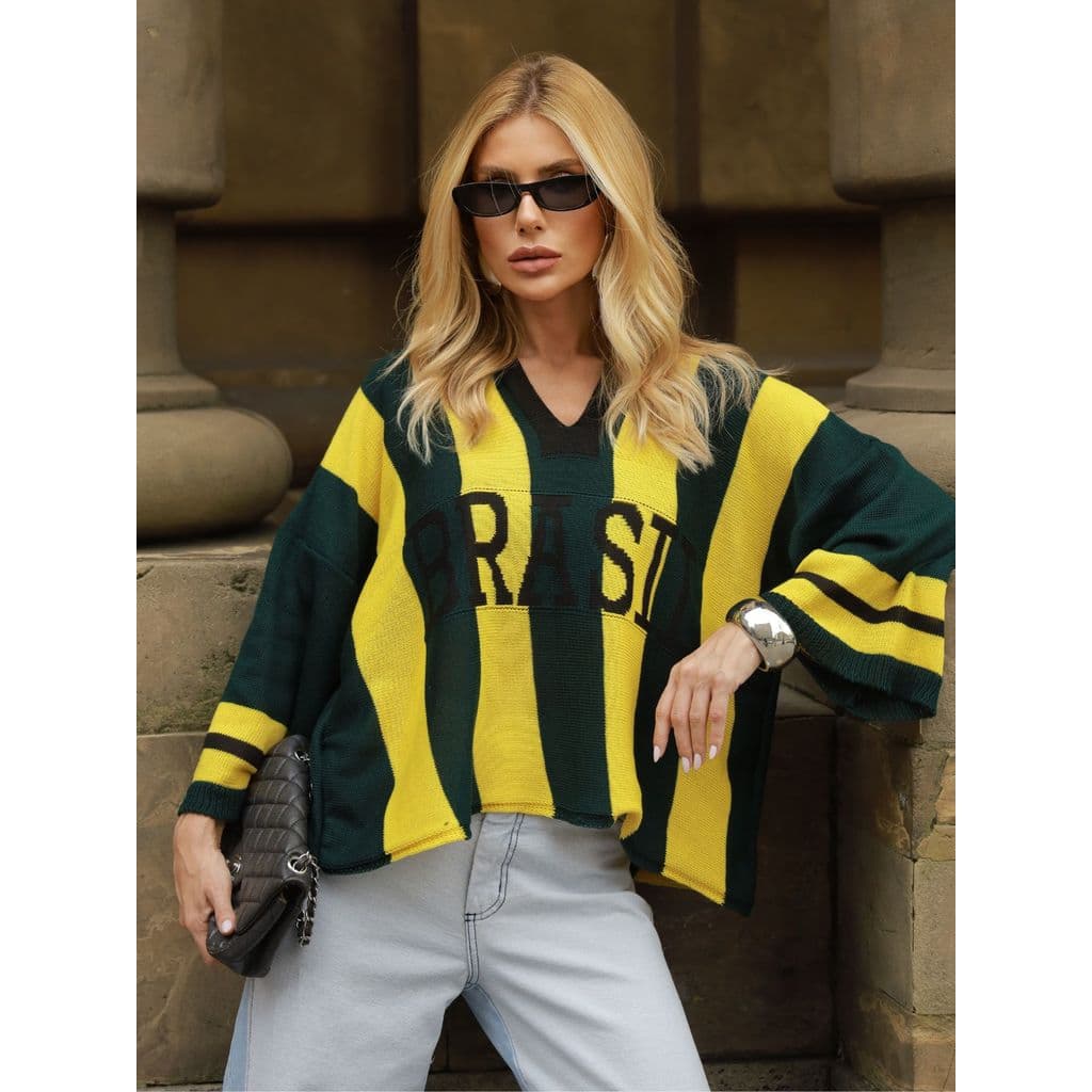 Blusa do Brasil Listrada Copa do Mundo Feminina Oversized Manga 3/4 Estilo Casual