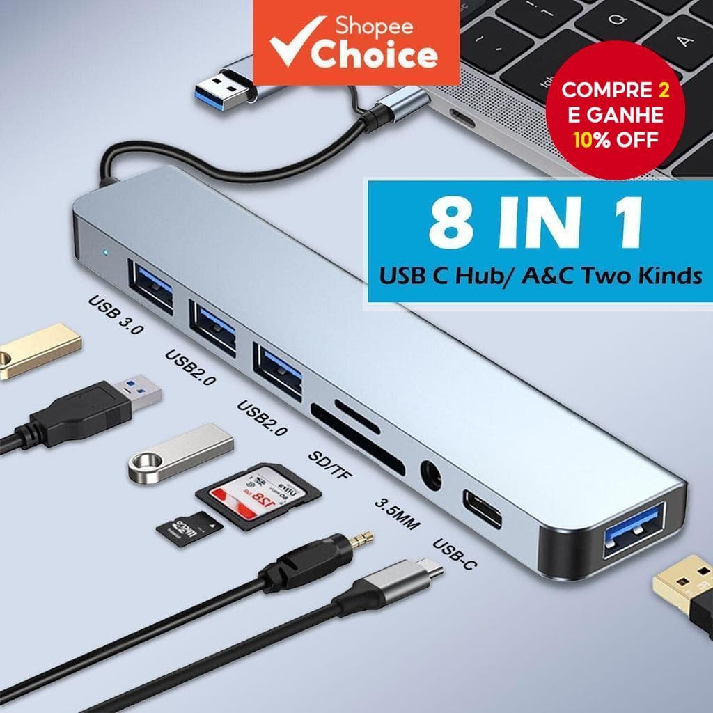 Porta USB Hub 8 Em 1 Leitor De Cartão SD Type C Para Estação De Acoplamento De Áudio De 3.5 Mm