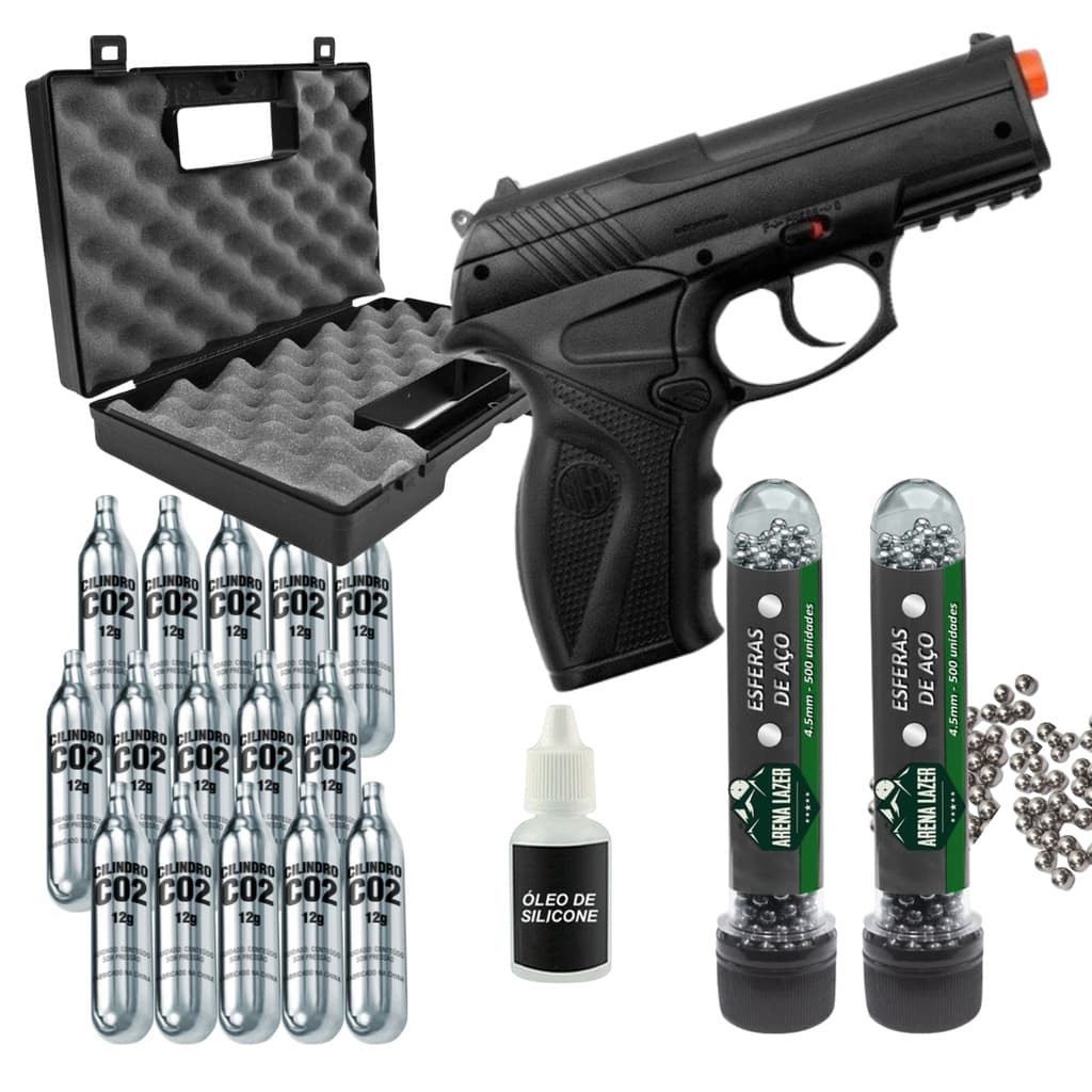 Kit Pistola de Pressão C11 4,5mm 15 Co2 1000 Esferas de Aço Óleo de Silicone Maleta ORIGINAL ROSSI
