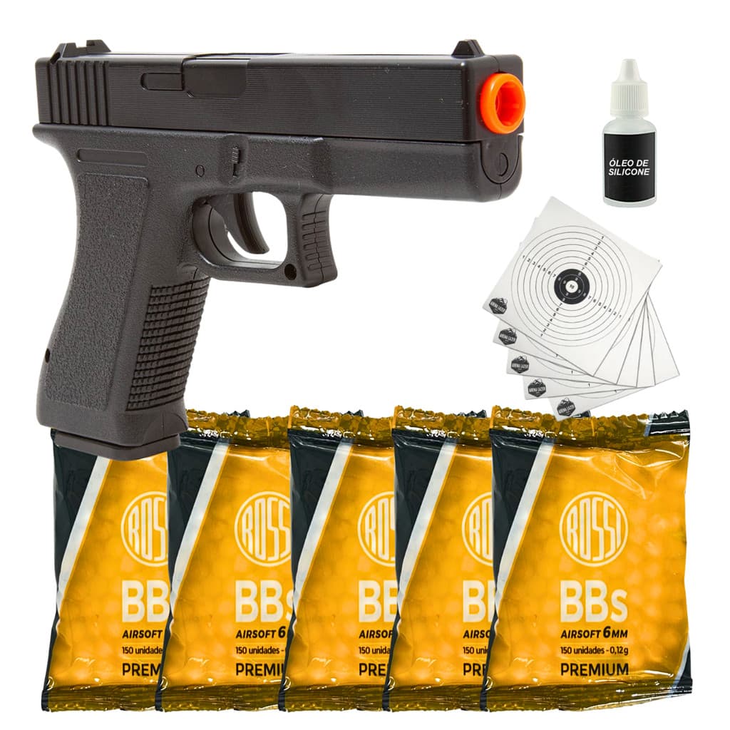 istola de Bolinha Airsoft Vigor V307 6mm Spring Mola 750 Bolinhas Alvos Treino Tiro ao Alvo Esportivo