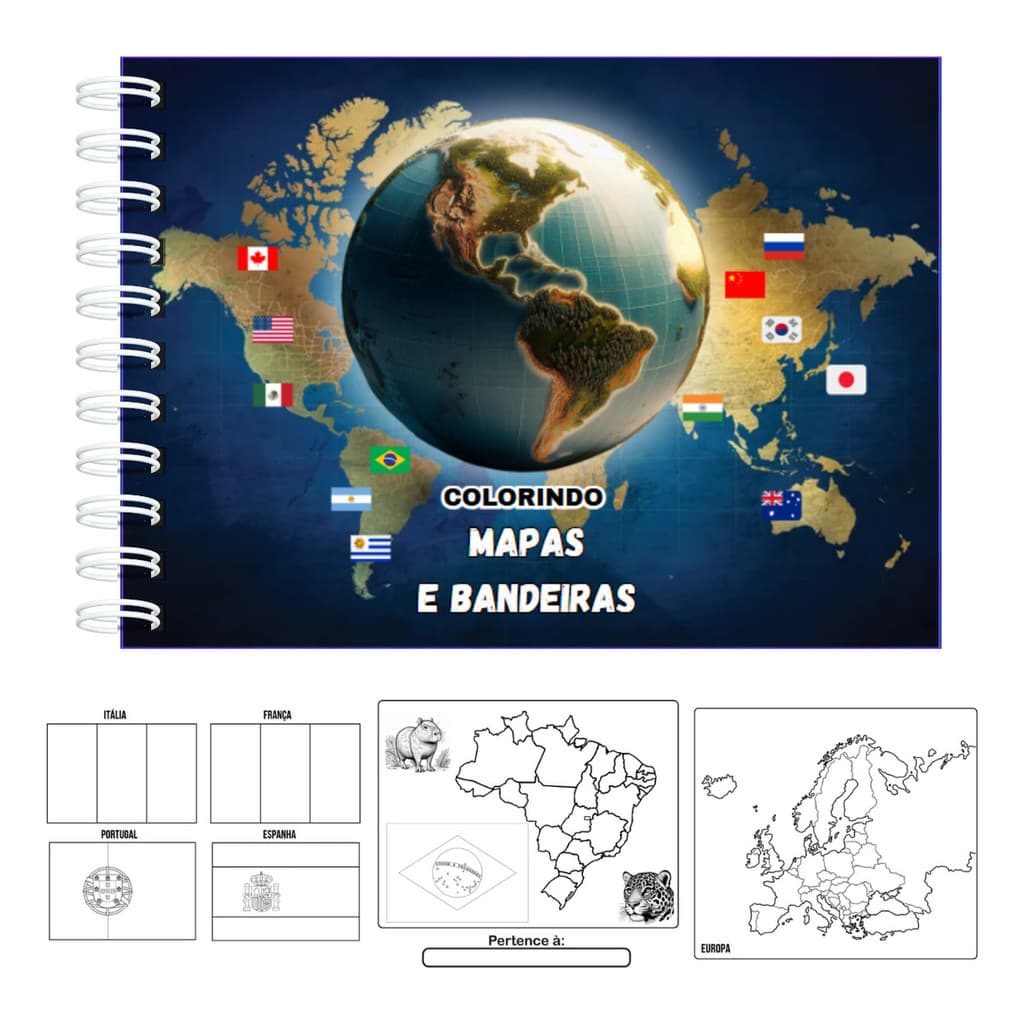 Livro De Colorir Países Bandeiras Mapas Continentes Capa Dura 50 Páginas 180g A5  Pronta Entrega