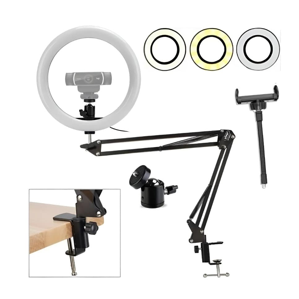 Ring Light 10 Polegadas 26cm LED Com Braço Articulado Mesa Suporte Celular 3 Cores 10 Níveis