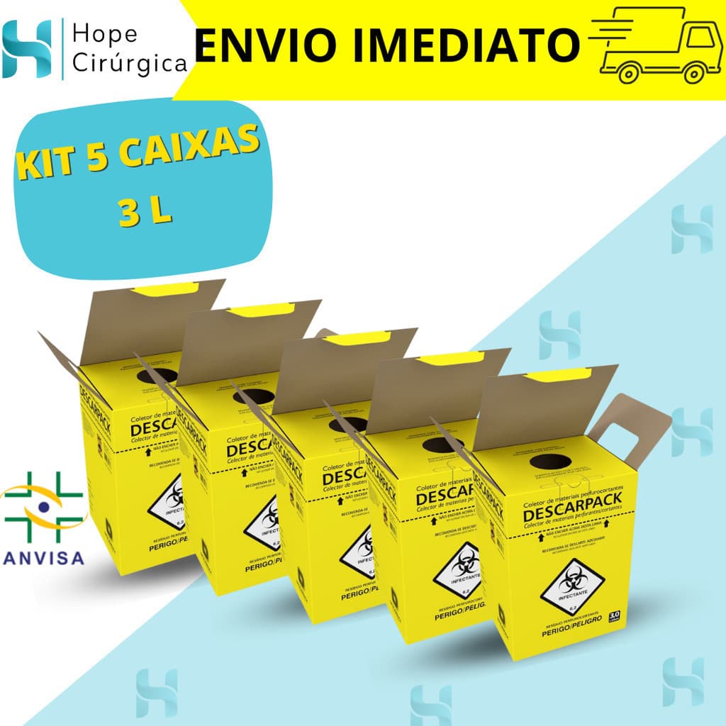 KIT 5 CAIXAS Descarpack - Caixa Perfuro Cortante Coletor (03-Litros)