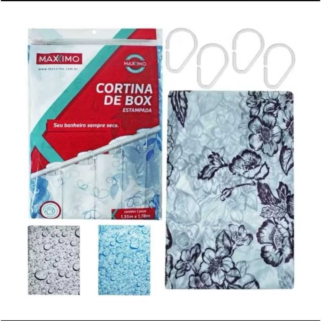Cortina Para Box Banheiro Antimofo Estampada 1,35x1,78m Com ilhós