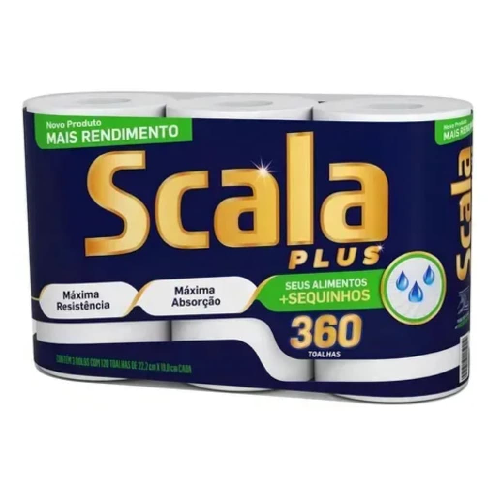 Papel Toalha Scala Plus Mega 3 Rolos 120 Folhas Alta Absorção 360 Folhas Total