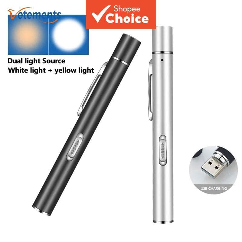 Luz De Caneta LED De Aço Inoxidável Com Clipe , Feixe Amarelo Branco Duplo Recarregável USB Portátil