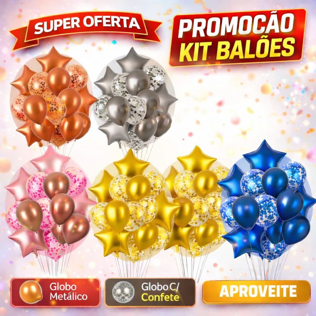 Kit Balões Metalizados Buque Aniversario Bexigas Festa Decoração Enfeite Happy Birthday