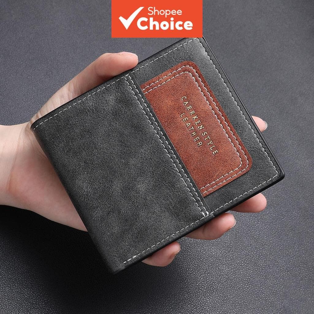  CarrKen Carteira Masculina Fashion, Design em Patchwork com Cores Contrastantes, Horizontal, Dobrável, com Múltiplas