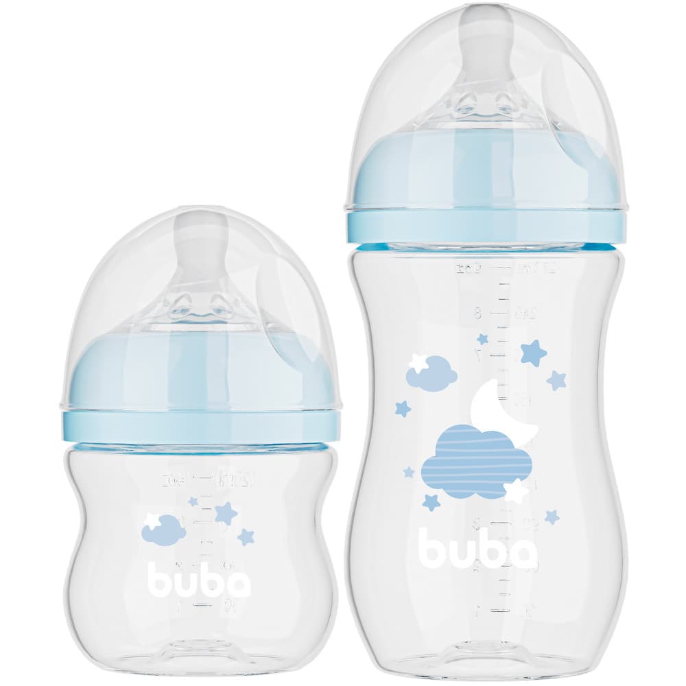 Kit 2 Mamadeiras Anticolica Buba Ultra Soft 120ml e 270ml Easy Flow Azul Tamanho 1 e 2 BPA Free