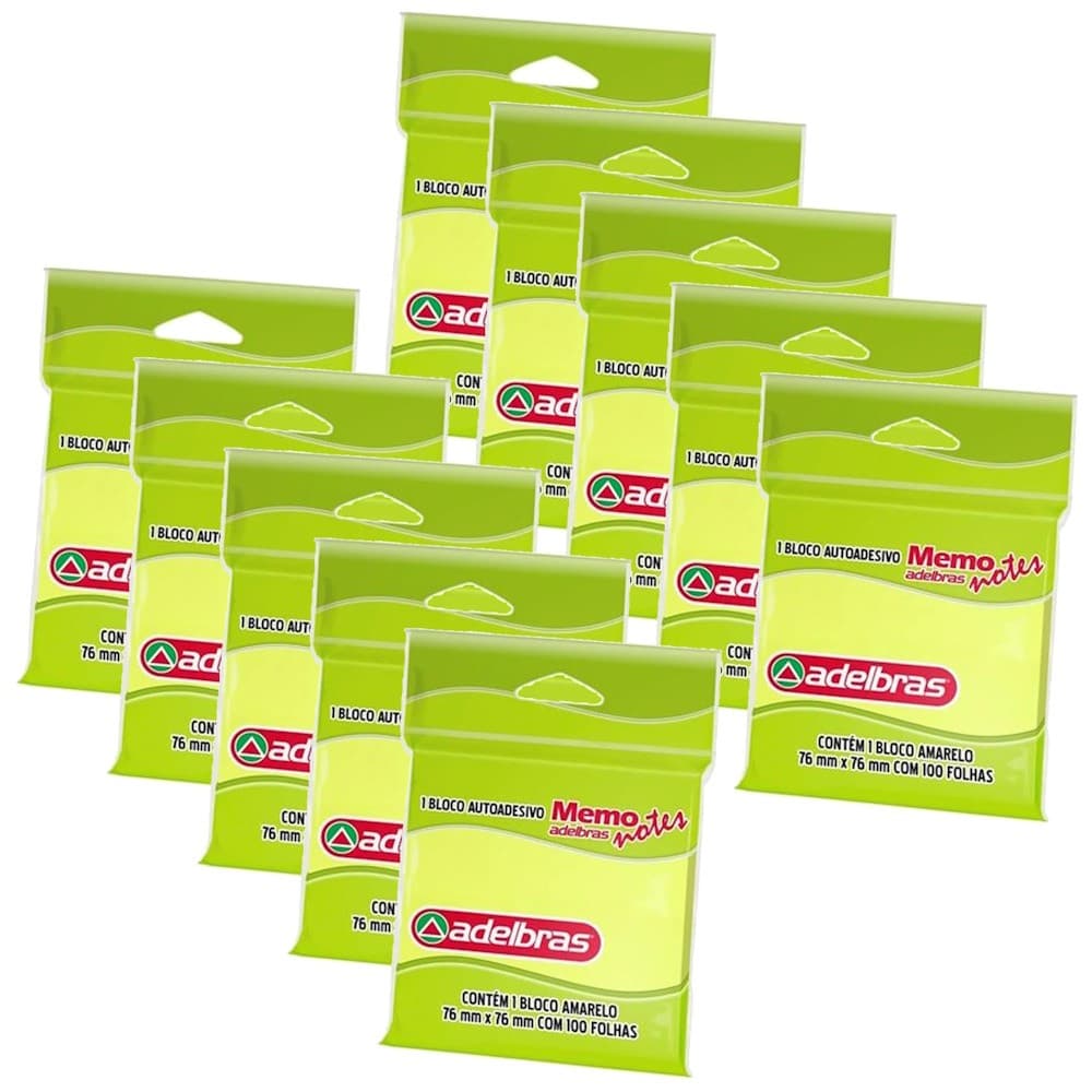 Kit 10 Blocos Autoadesivos Memo Notes 76x76mm Amarelo Com 100 Folhas Para Recados Anotações